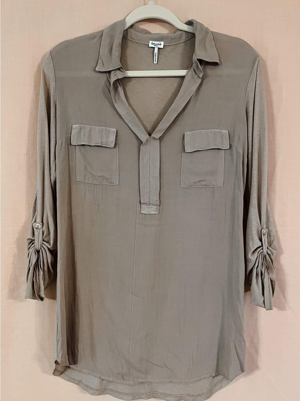 Splendid V-Neck Roll-Sleeve 3/4 Length Blouse